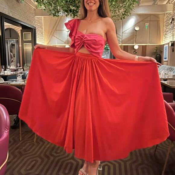 Amur Pink Orange One Shoulder Gown SIZE 2 Pleated Cut Out Formal Vacation $600 - Picture 9 of 16